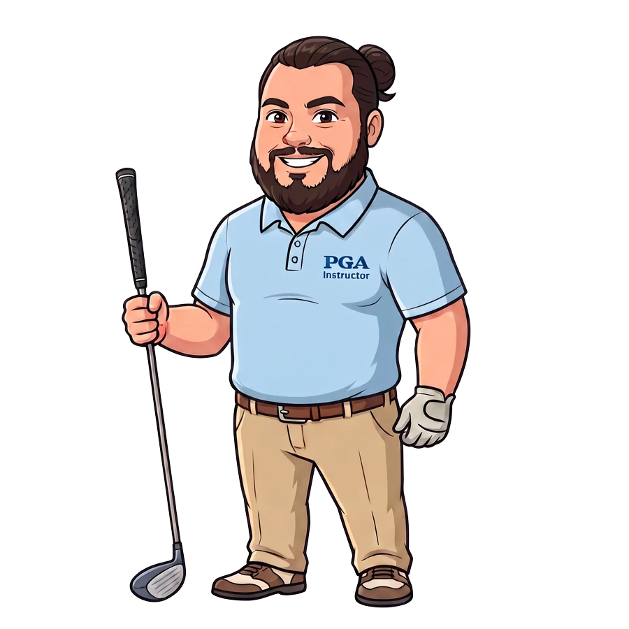 Cartoon illustration of Ethan Payne in a polo shirt, holding a golf club