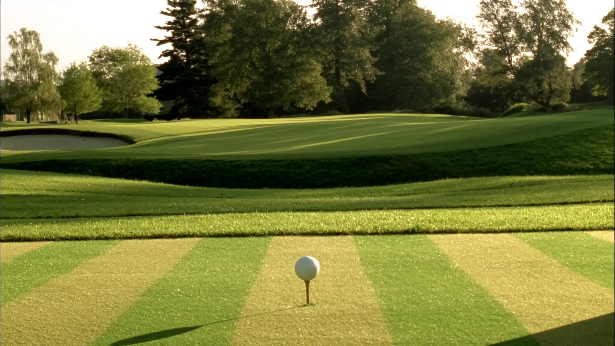 A golf ball teed up on a striped tee in warm late afternoon light, fairway beyond