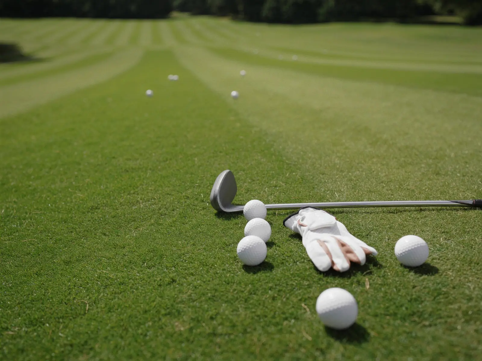 A glove, a wedge and practice balls resting on the mown turf of a practice ground